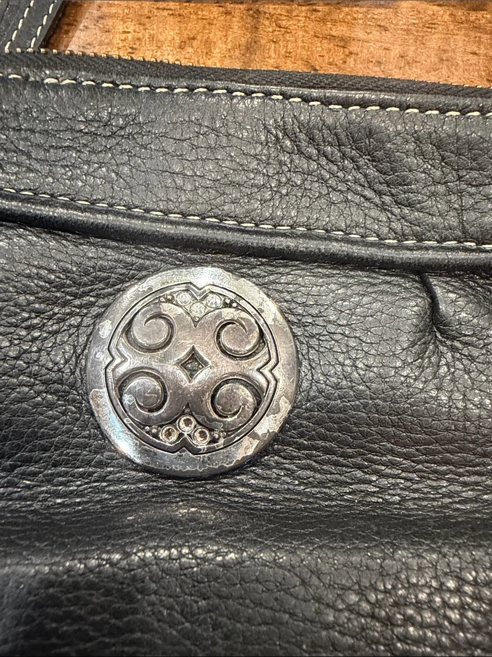 Brighton Black Leather Crossbody with Silver Medallion